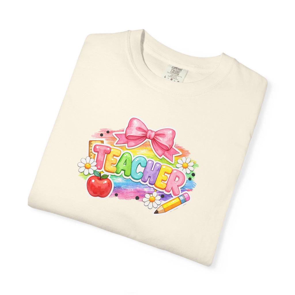 Teacher Rainbow Graphic T-Shirt — Cute School Apple & Pencil Design