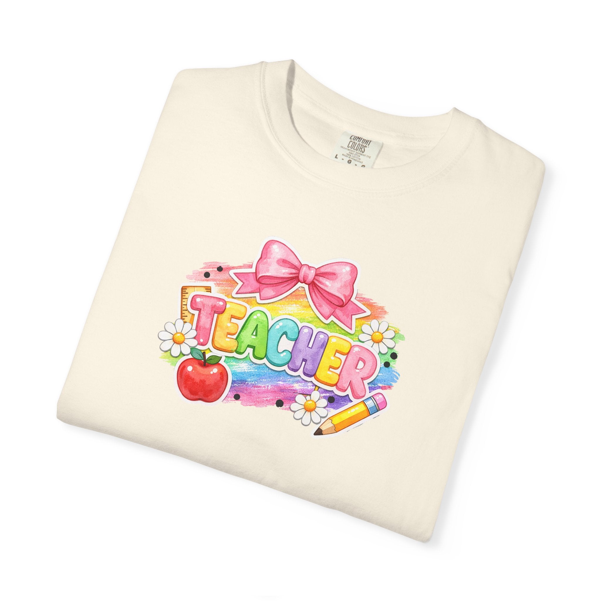 Teacher Rainbow Graphic T-Shirt — Cute School Apple & Pencil Design