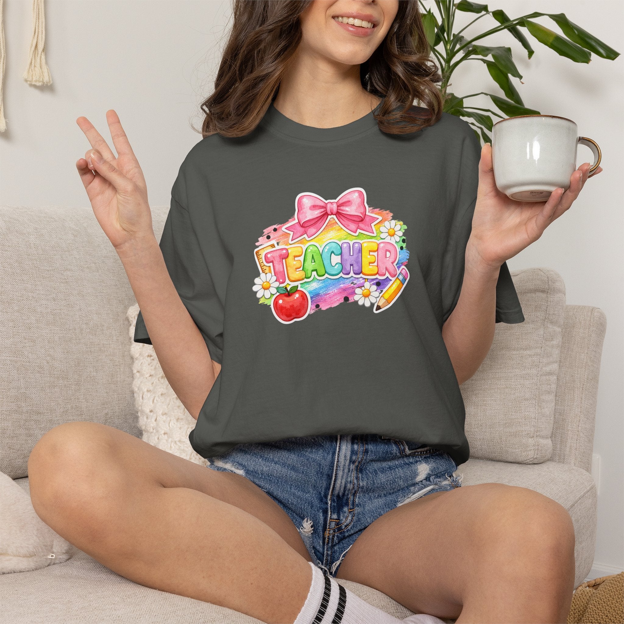 Teacher Rainbow Graphic T-Shirt — Cute School Apple & Pencil Design