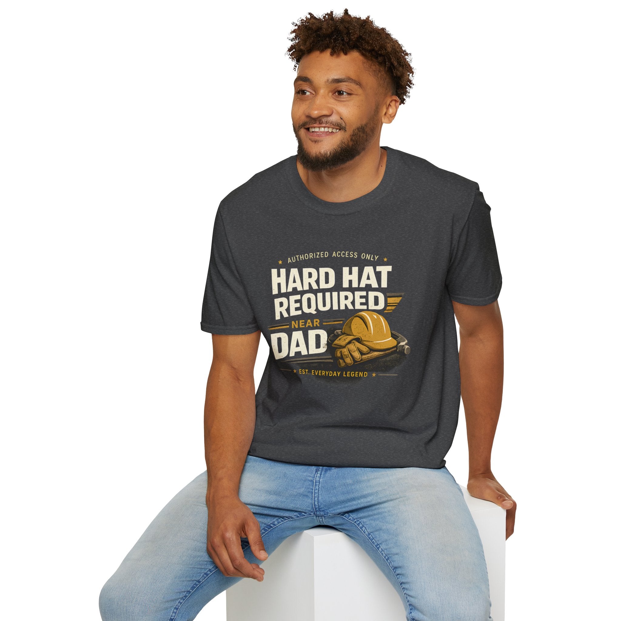 Hard Hat Required Near Dad Shirt – Funny Construction Dad Tee, Blue Collar Workwear Graphic T-Shirt