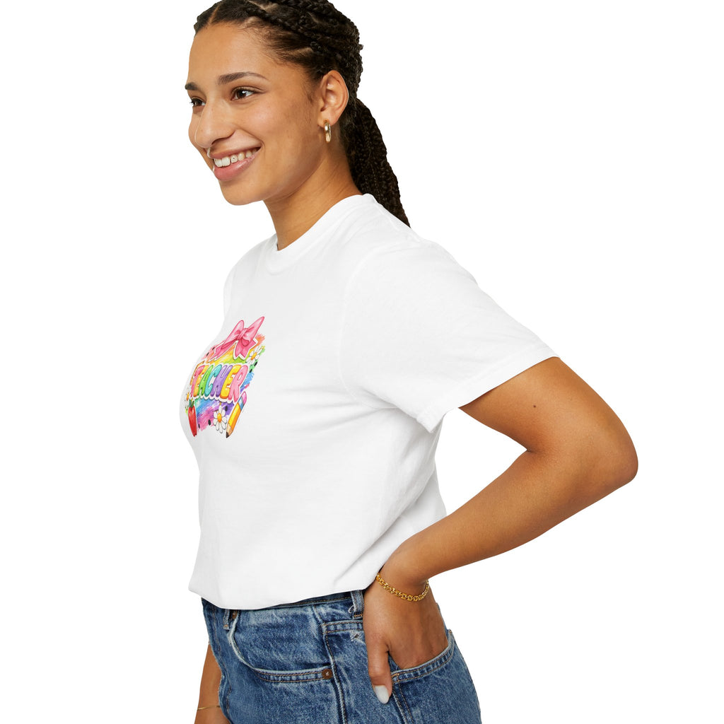 Teacher Rainbow Graphic T-Shirt — Cute School Apple & Pencil Design