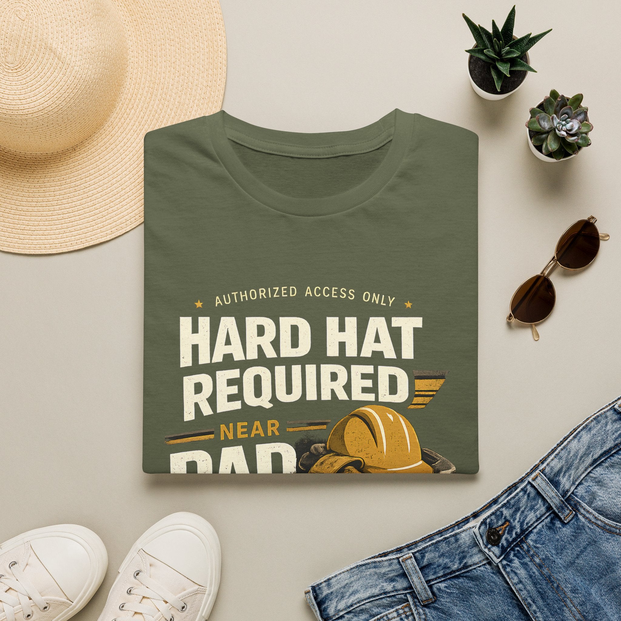 Hard Hat Required Near Dad Shirt – Funny Construction Dad Tee, Blue Collar Workwear Graphic T-Shirt