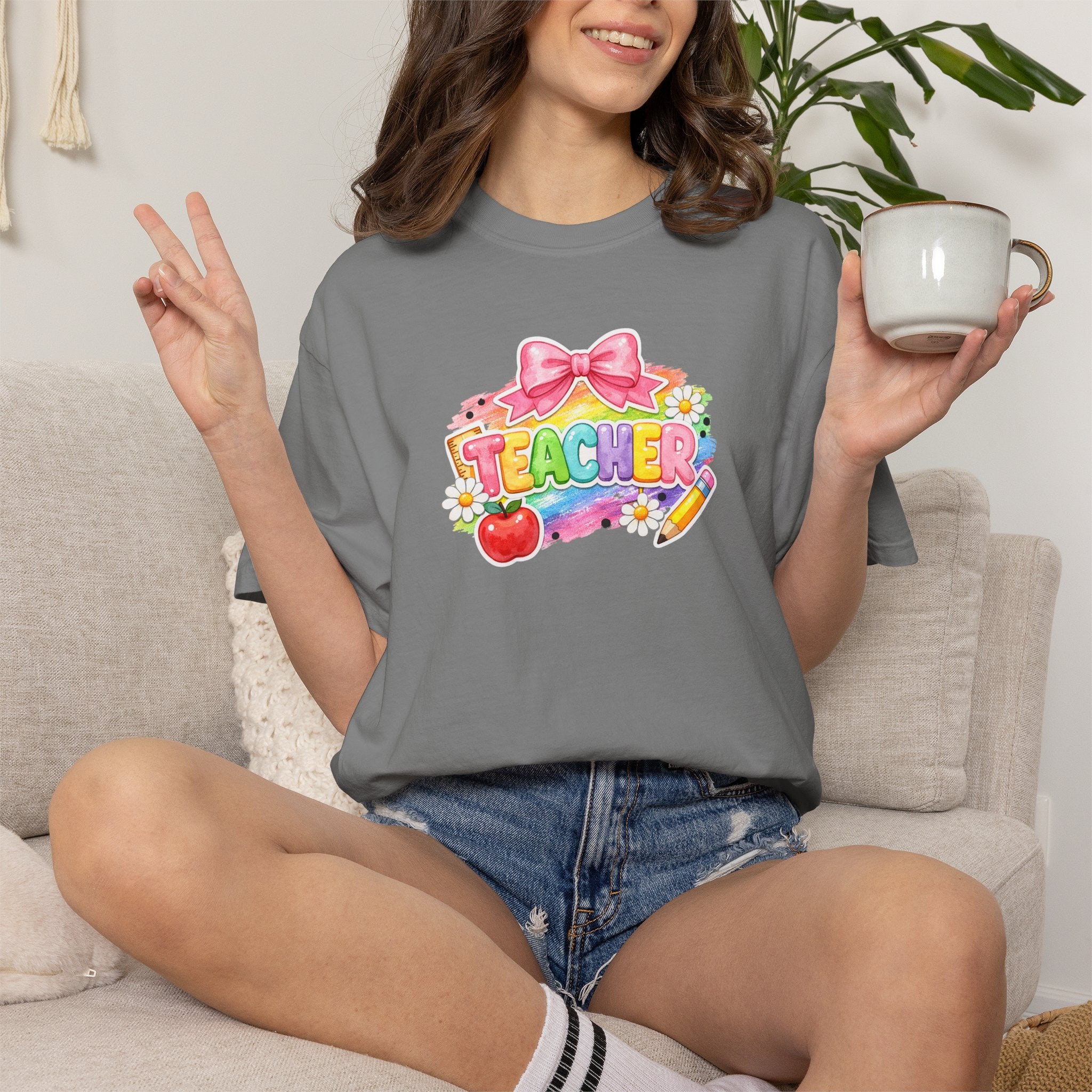 Teacher Rainbow Graphic T-Shirt — Cute School Apple & Pencil Design