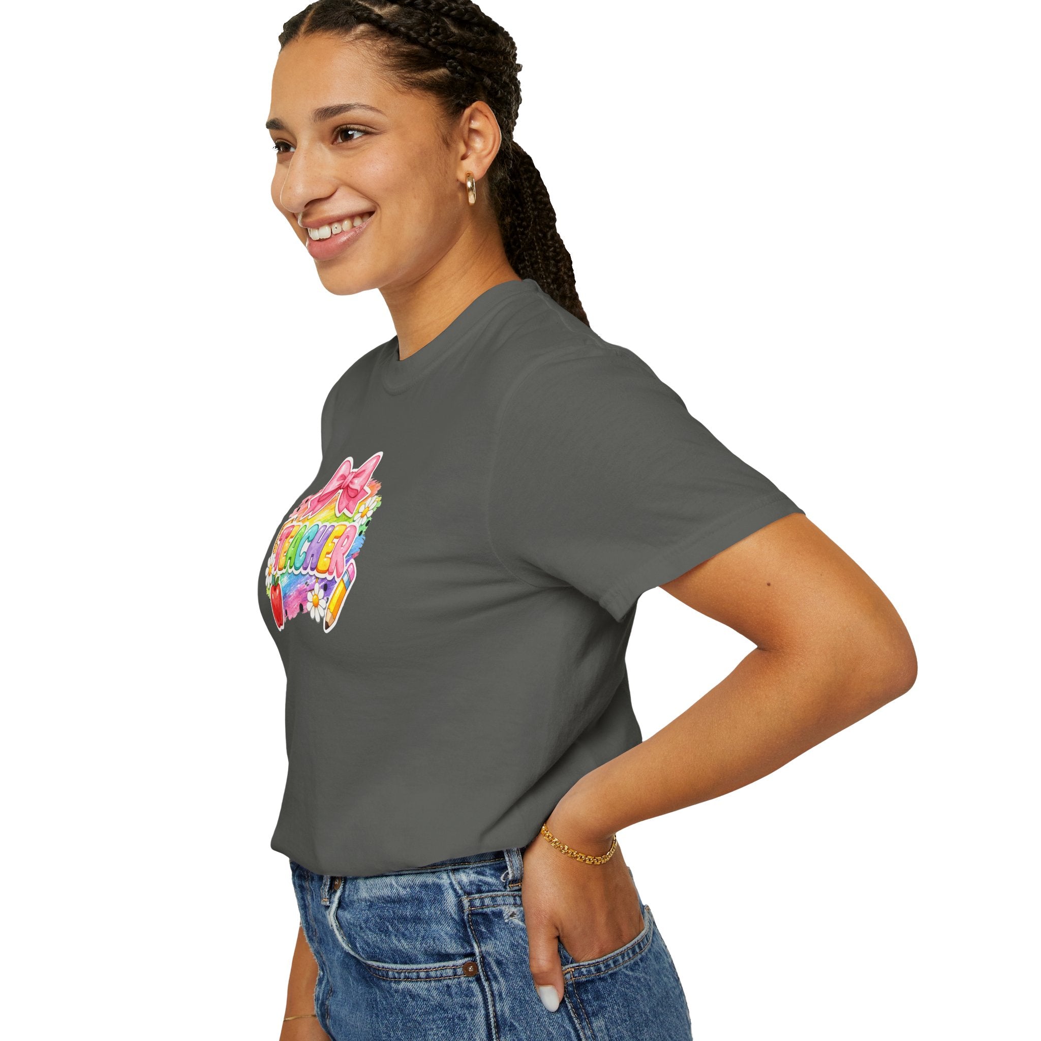 Teacher Rainbow Graphic T-Shirt — Cute School Apple & Pencil Design