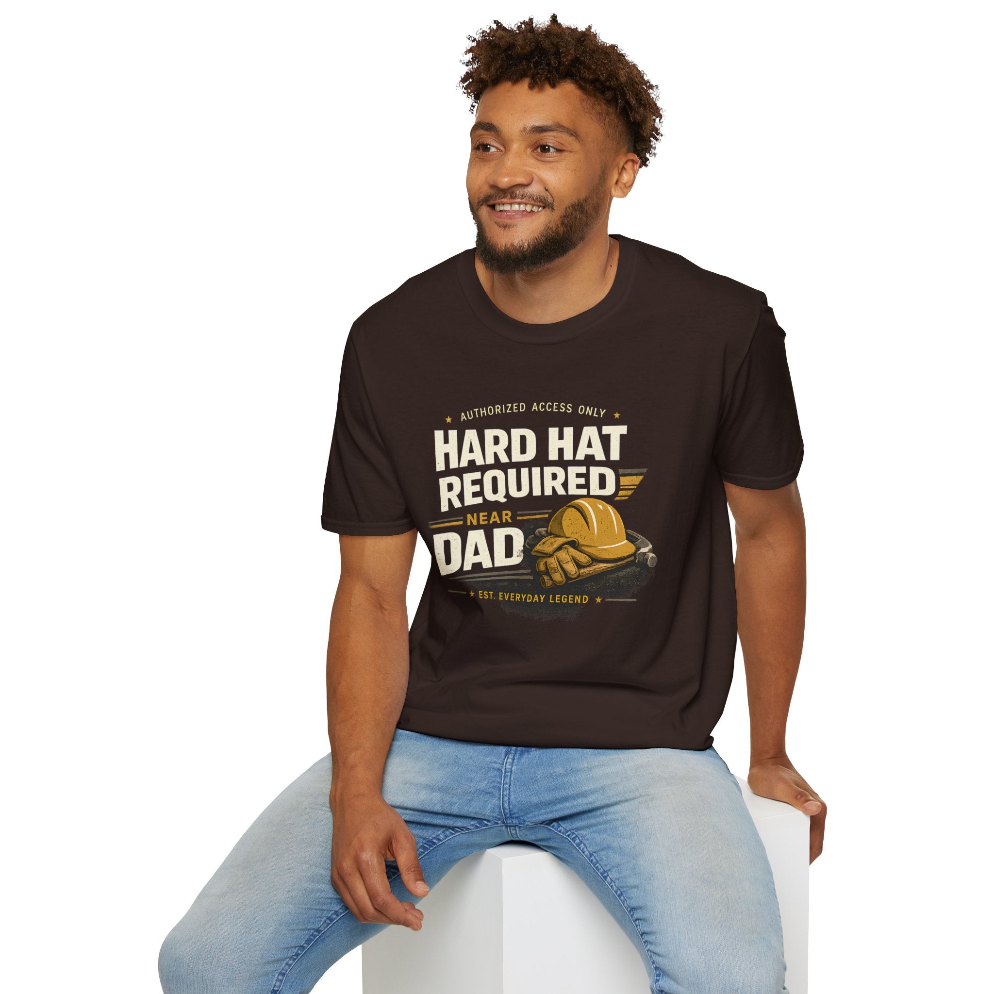Hard Hat Required Near Dad Shirt – Funny Construction Dad Tee, Blue Collar Workwear Graphic T-Shirt