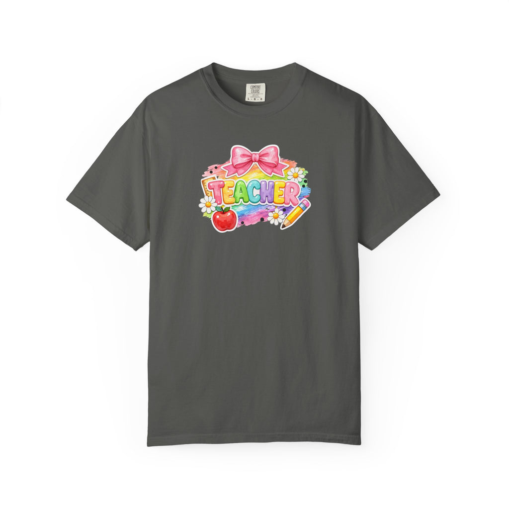 Teacher Rainbow Graphic T-Shirt — Cute School Apple & Pencil Design