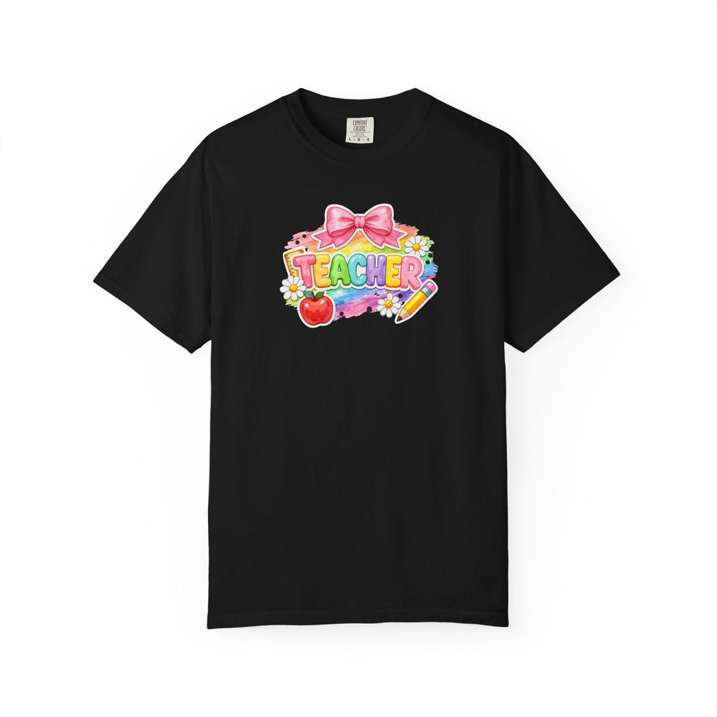 Teacher Rainbow Graphic T-Shirt — Cute School Apple & Pencil Design