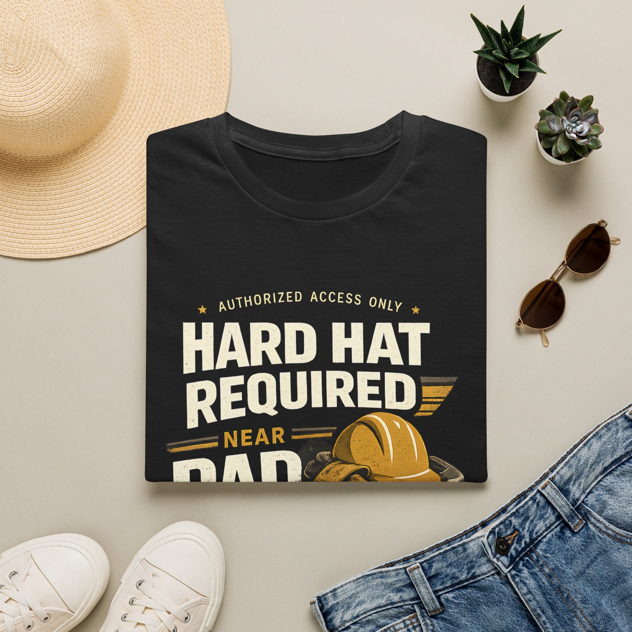 Hard Hat Required Near Dad Shirt – Funny Construction Dad Tee, Blue Collar Workwear Graphic T-Shirt