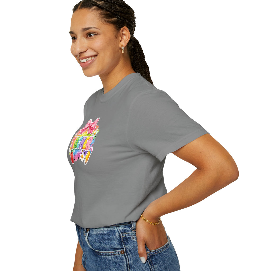 Teacher Rainbow Graphic T-Shirt — Cute School Apple & Pencil Design
