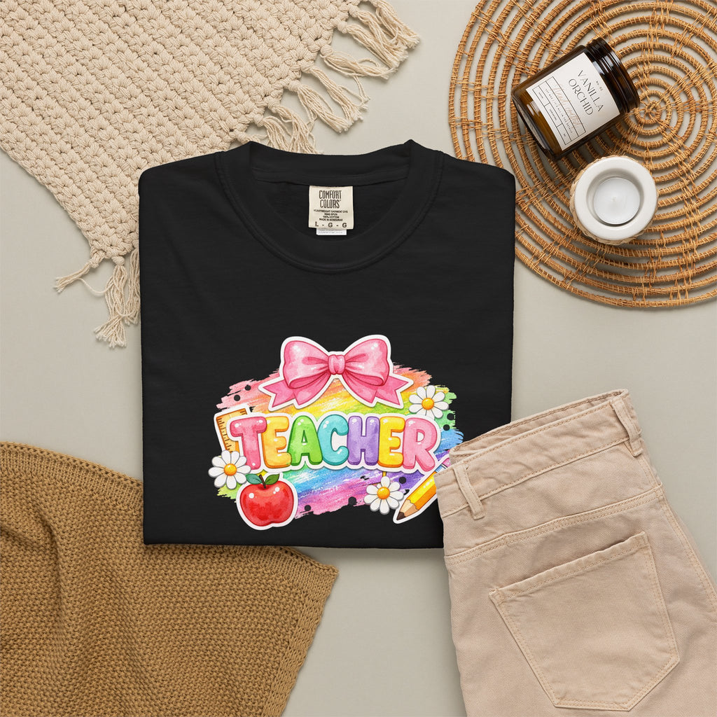 Teacher Rainbow Graphic T-Shirt — Cute School Apple & Pencil Design