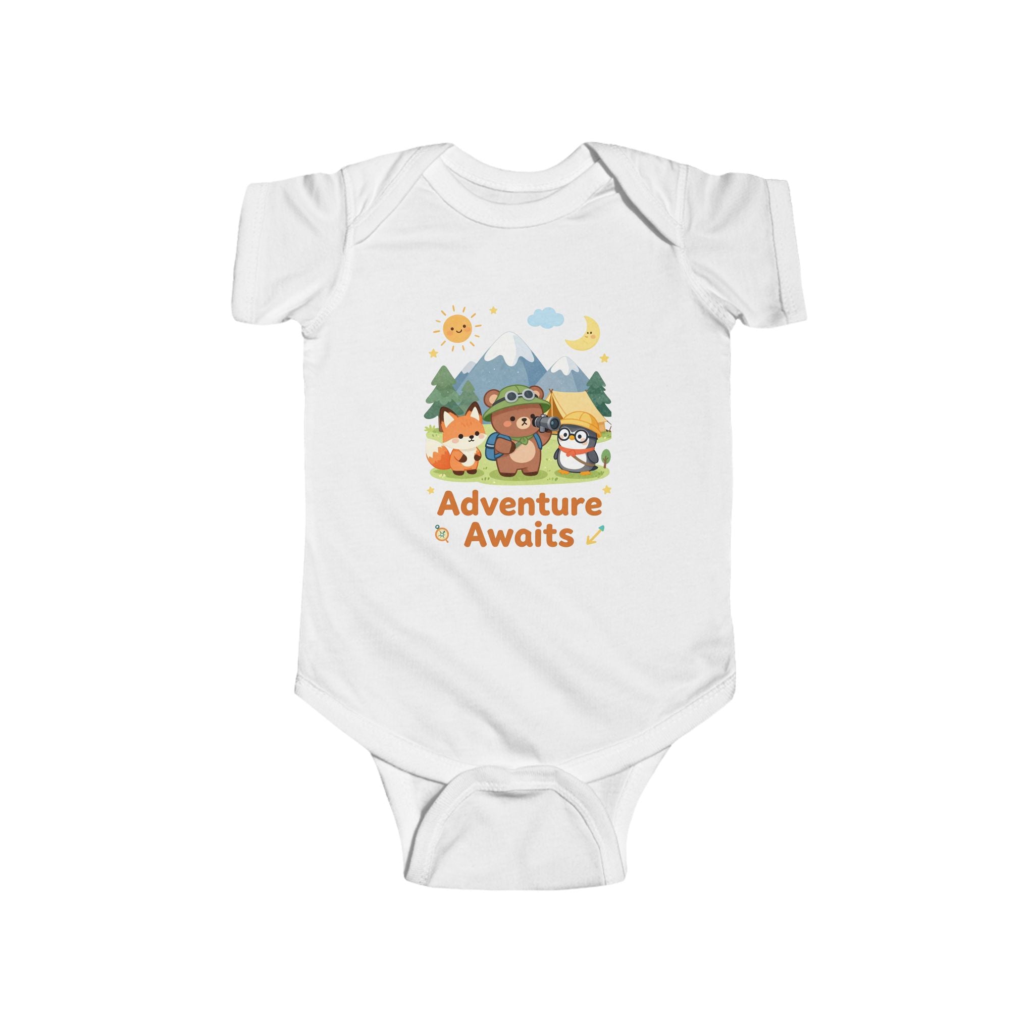 Abenteuer wartet Baby-Body – Waldtier-Design mit Bär, Fuchs und Eule