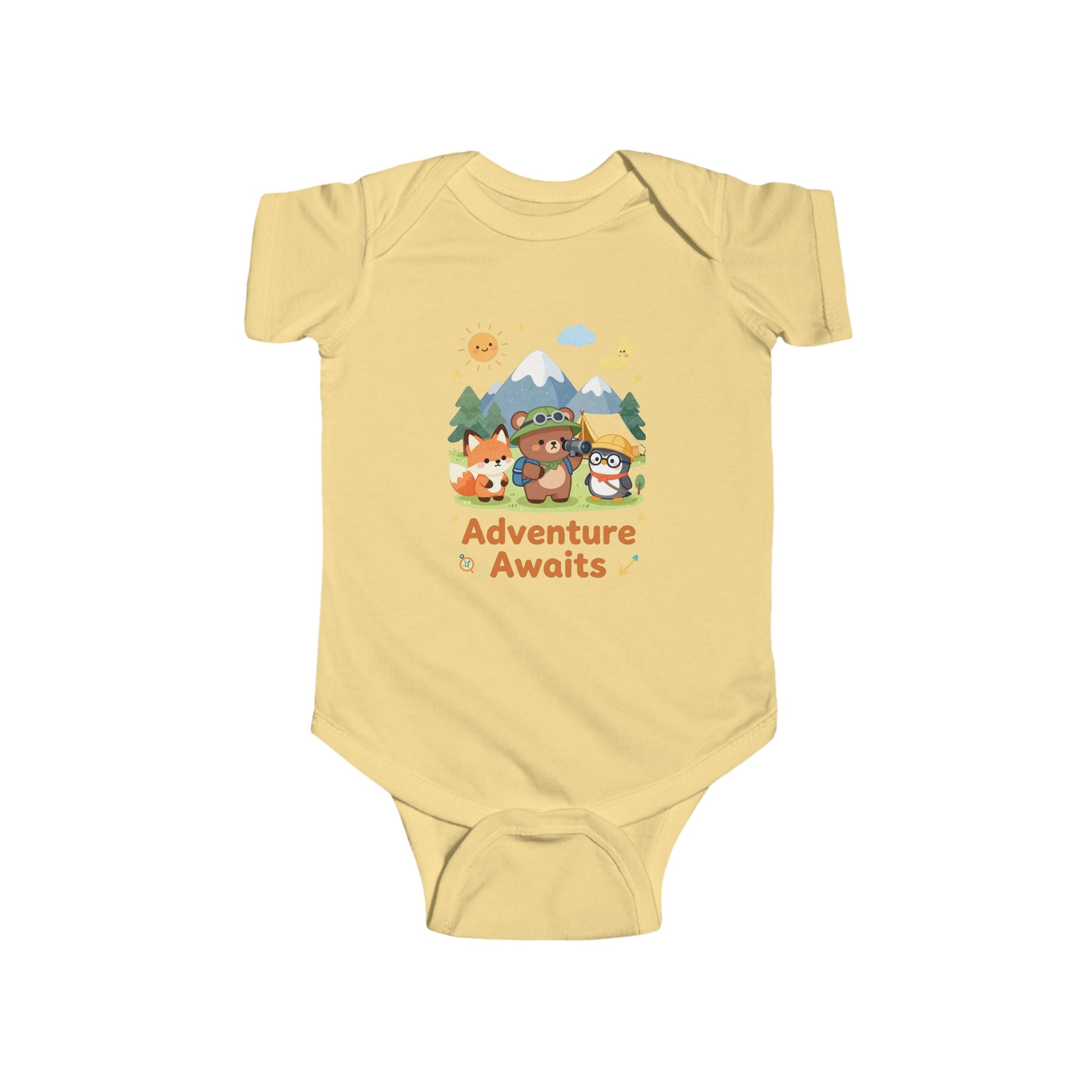 Abenteuer wartet Baby-Body – Waldtier-Design mit Bär, Fuchs und Eule