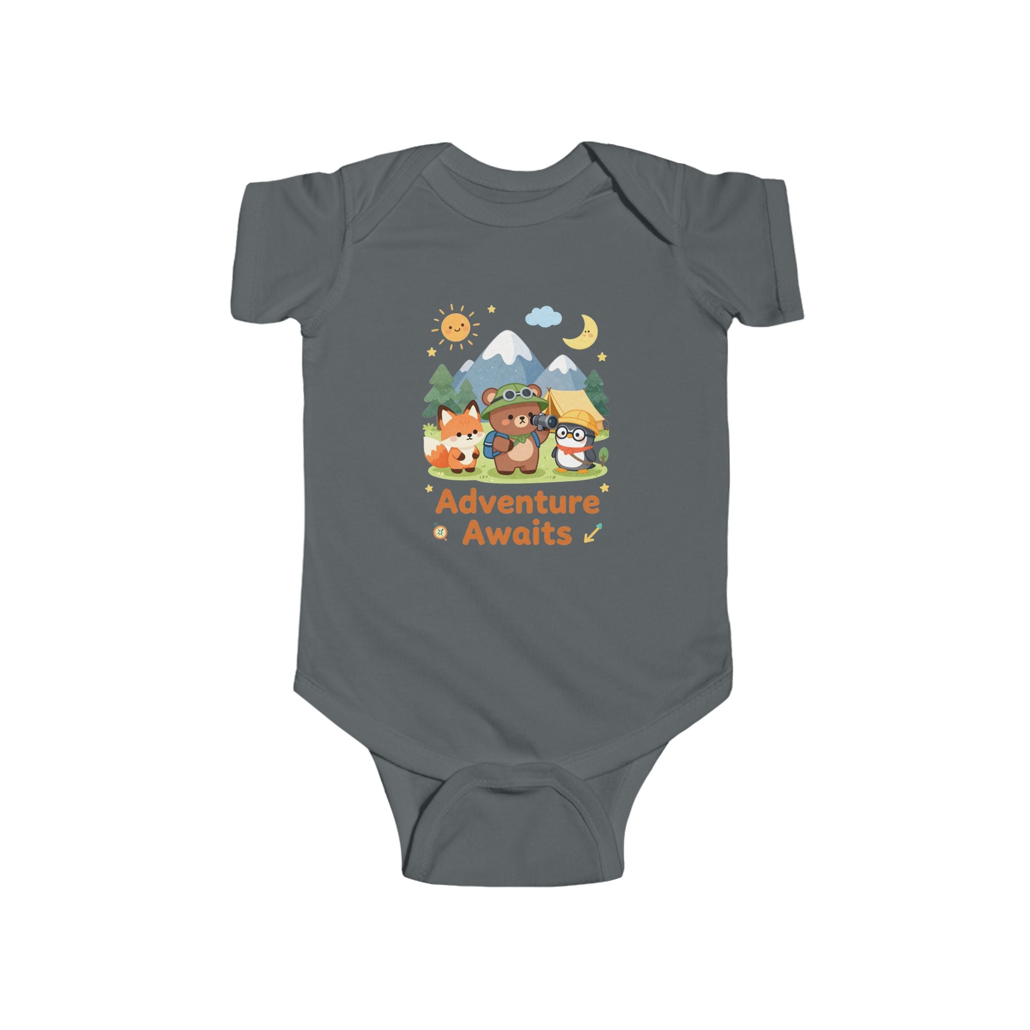 Abenteuer wartet Baby-Body – Waldtier-Design mit Bär, Fuchs und Eule