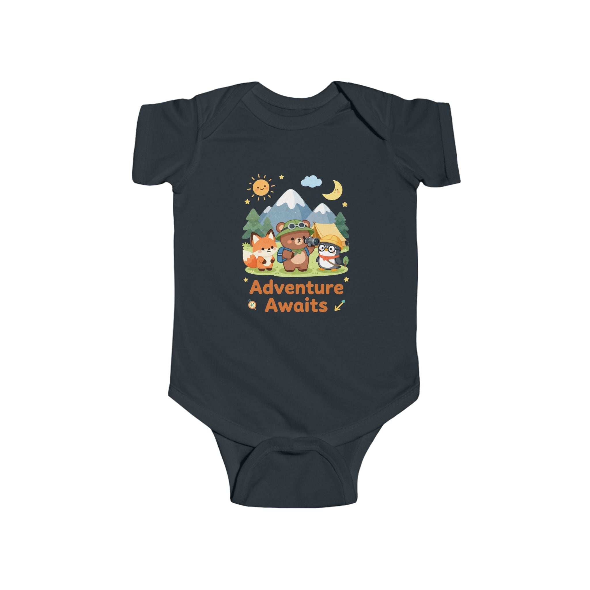 Abenteuer wartet Baby-Body – Waldtier-Design mit Bär, Fuchs und Eule