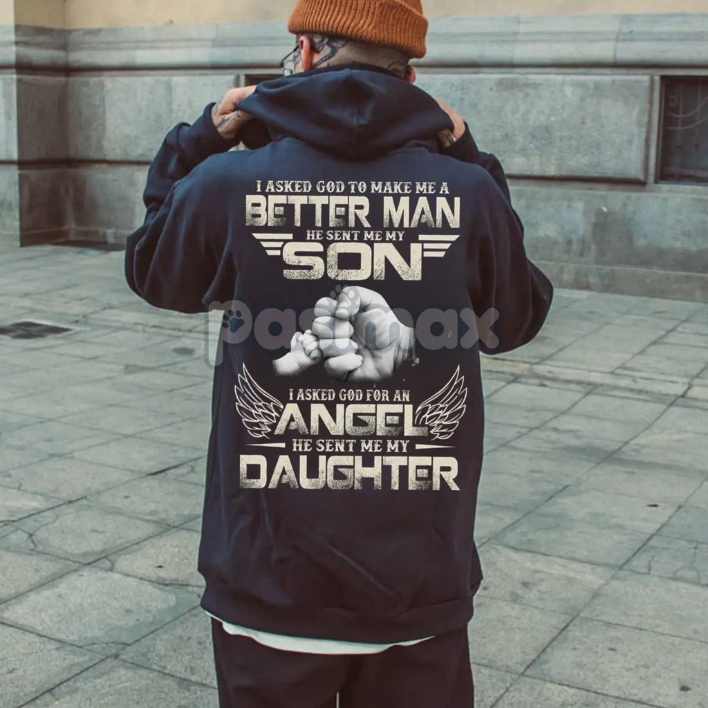 Papa Hoodie – „Gott machte mich zu einem besseren Mann mit meinem Sohn“ Pullover, Geschenk zur christlichen Vaterschaft