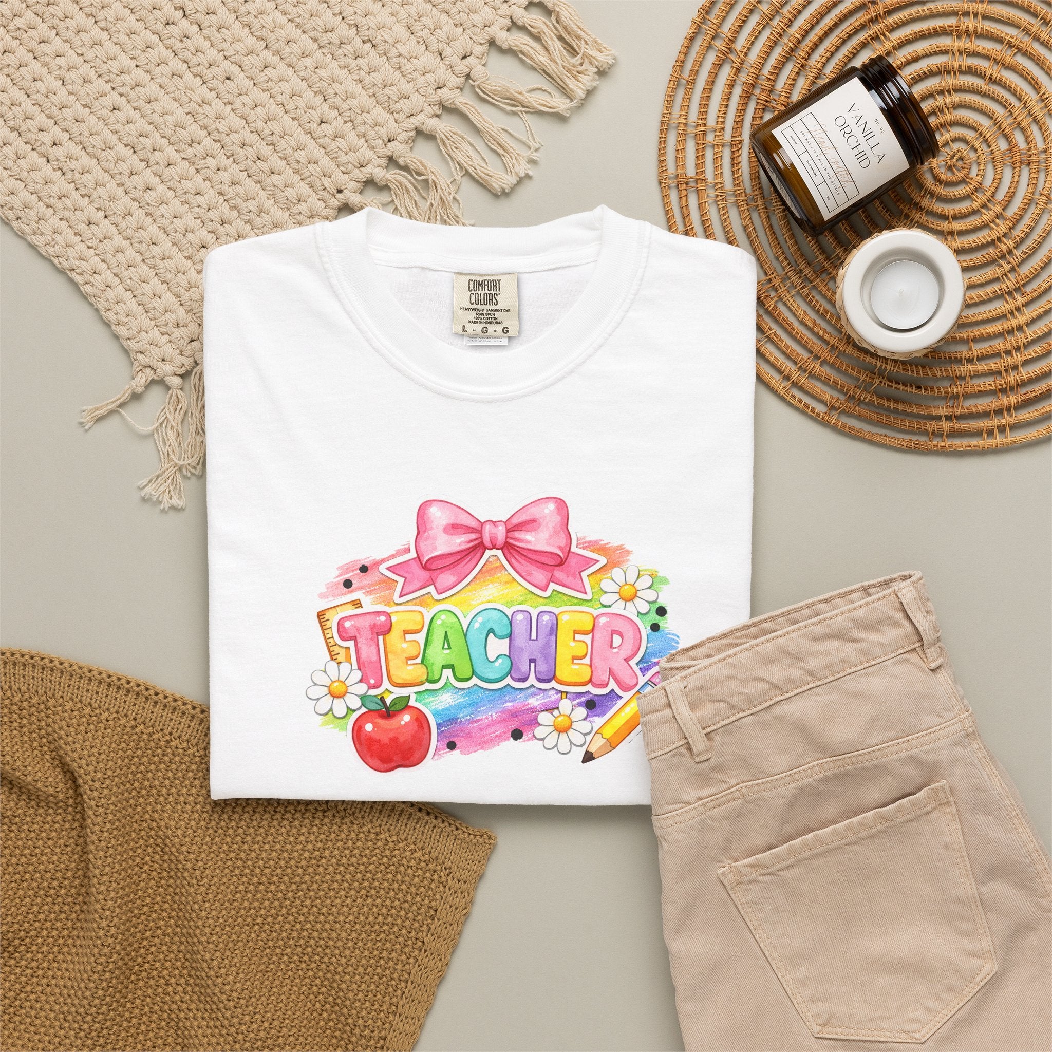 Teacher Rainbow Graphic T-Shirt — Cute School Apple & Pencil Design