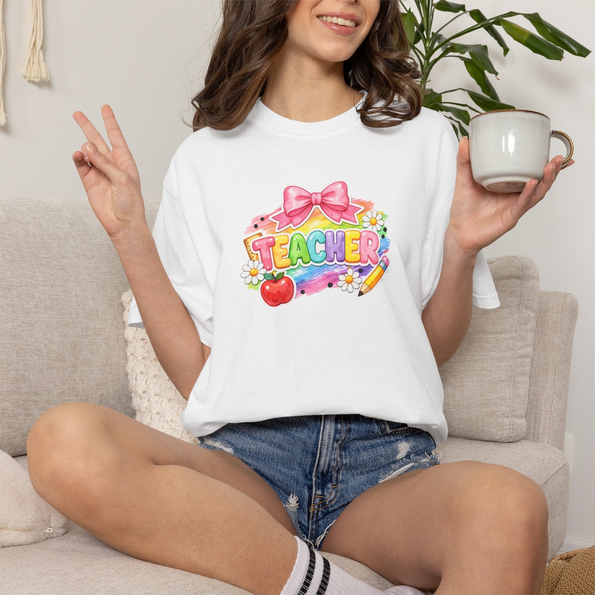 Teacher Rainbow Graphic T-Shirt — Cute School Apple & Pencil Design