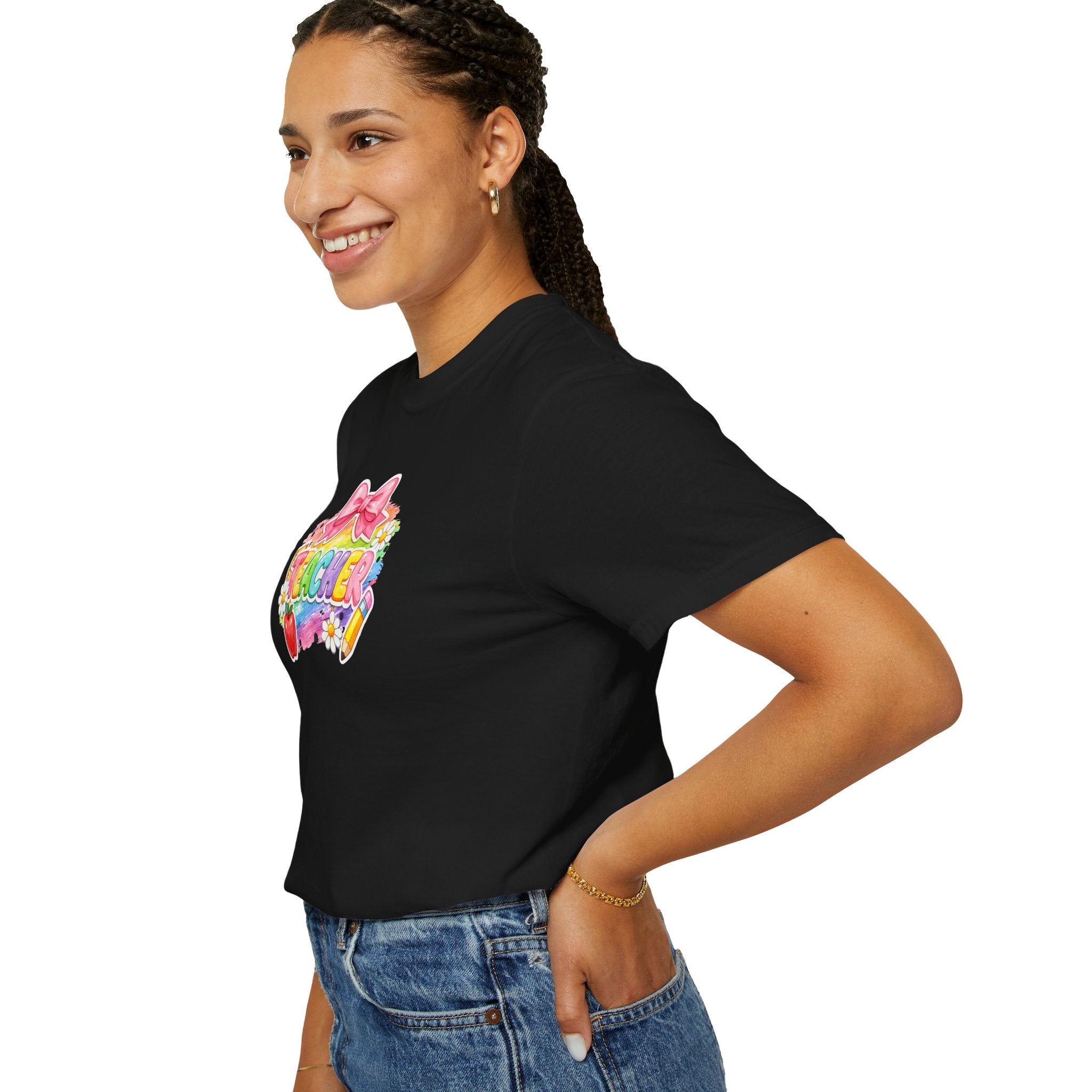 Teacher Rainbow Graphic T-Shirt — Cute School Apple & Pencil Design