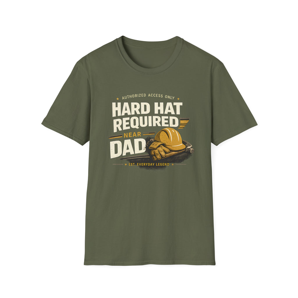 Hard Hat Required Near Dad Shirt – Funny Construction Dad Tee, Blue Collar Workwear Graphic T-Shirt
