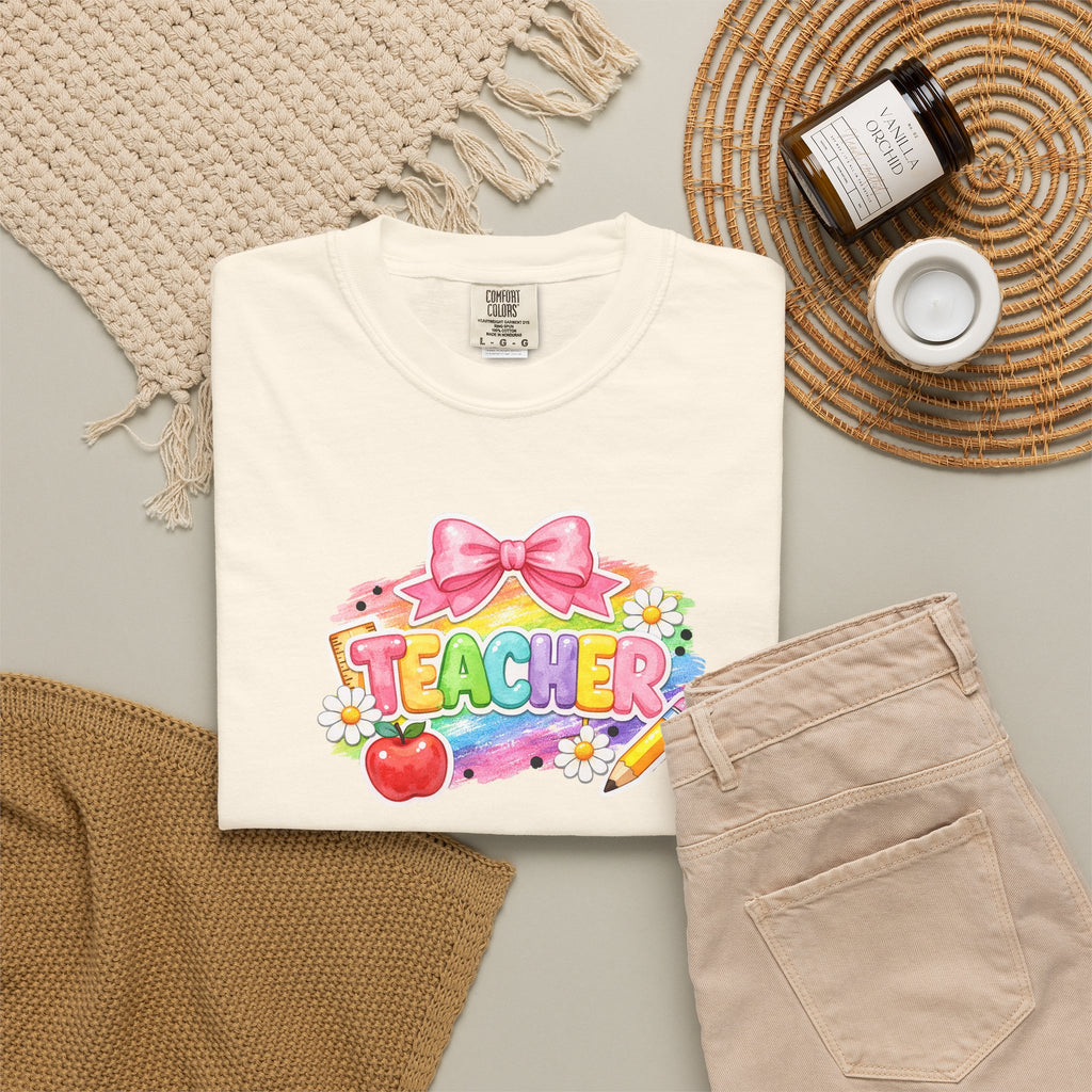 Teacher Rainbow Graphic T-Shirt — Cute School Apple & Pencil Design
