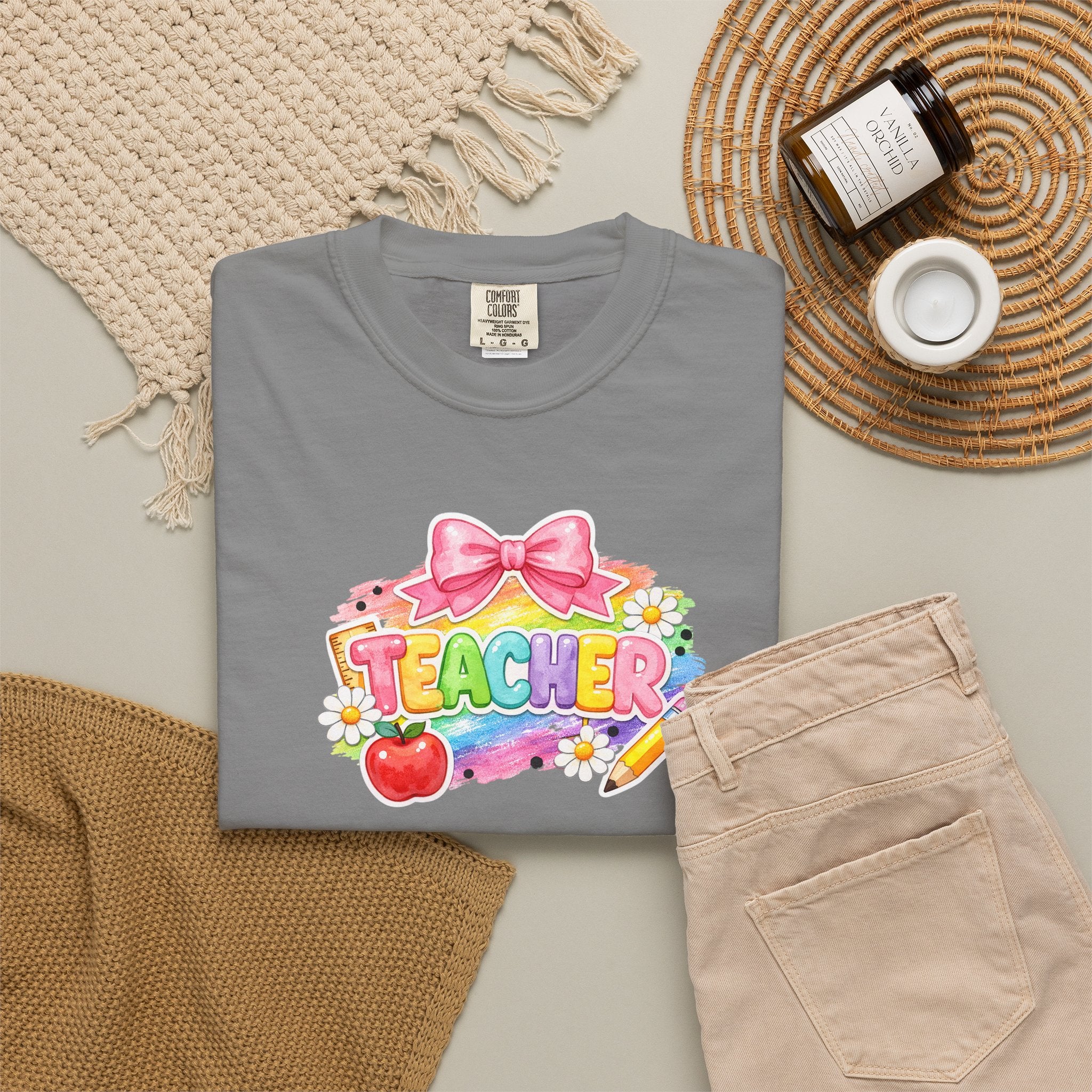 Teacher Rainbow Graphic T-Shirt — Cute School Apple & Pencil Design