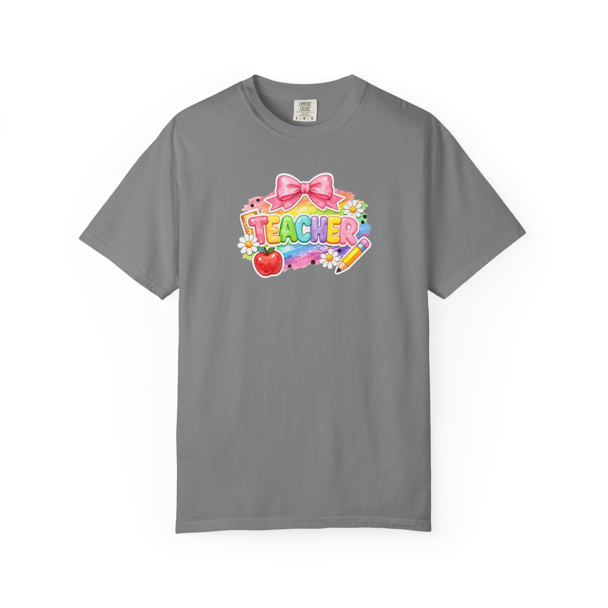 Teacher Rainbow Graphic T-Shirt — Cute School Apple & Pencil Design