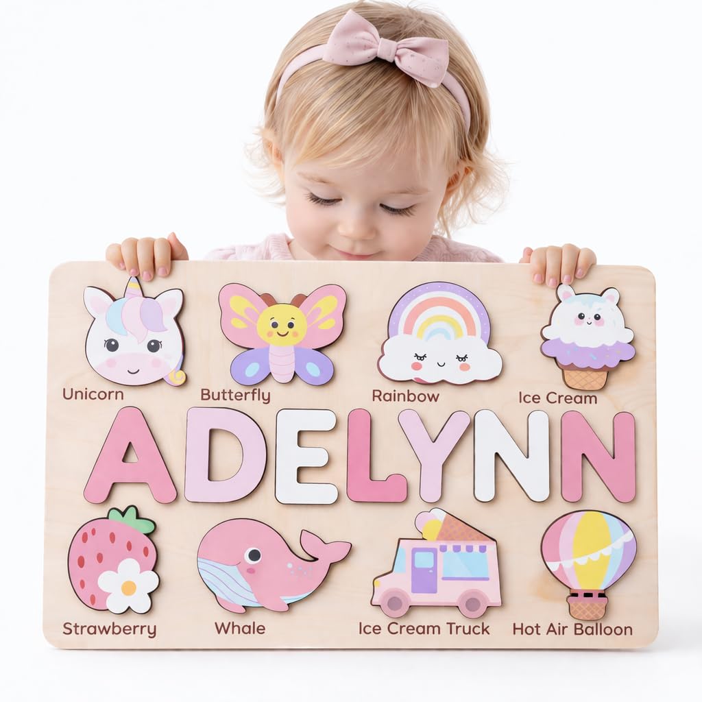 Wooden Name Puzzle for Toddlers 1-3, Personalized Name Puzzle with Animal Story Background, Baby Puzzle, Custom Baby Gift, First Birthday Gift for Boy Girl (Shapes and Numbers)