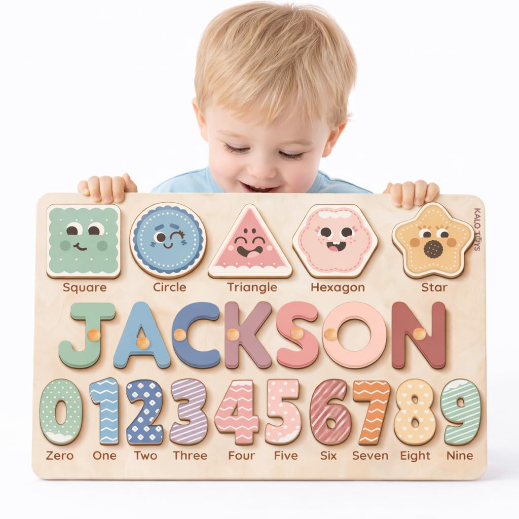 Wooden Name Puzzle for Toddlers 1-3, Personalized Name Puzzle with Animal Story Background, Baby Puzzle, Custom Baby Gift, First Birthday Gift for Boy Girl (Shapes and Numbers)