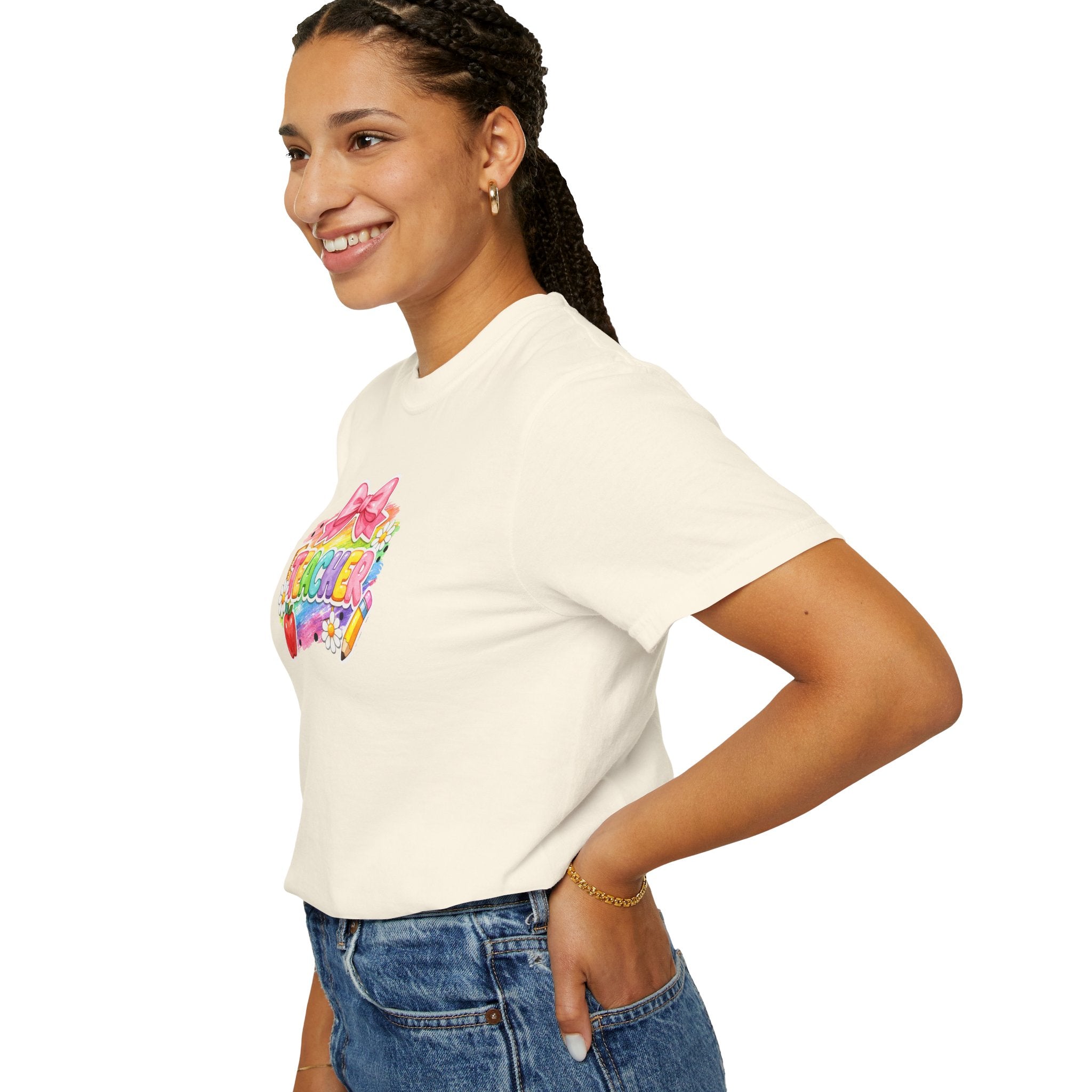 Teacher Rainbow Graphic T-Shirt — Cute School Apple & Pencil Design