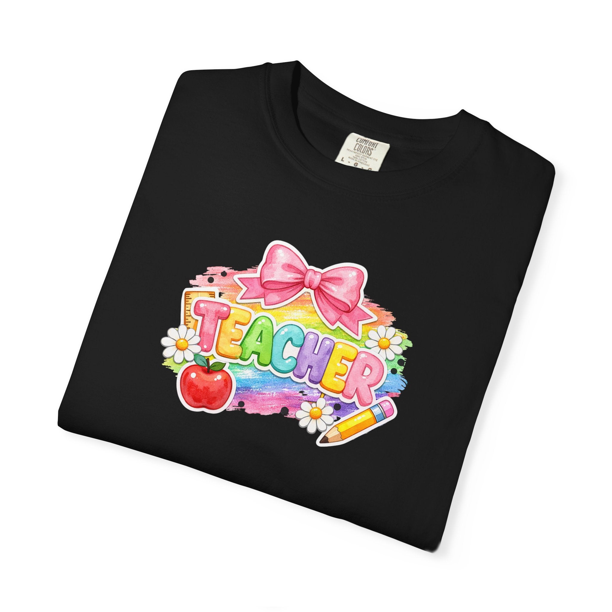 Teacher Rainbow Graphic T-Shirt — Cute School Apple & Pencil Design