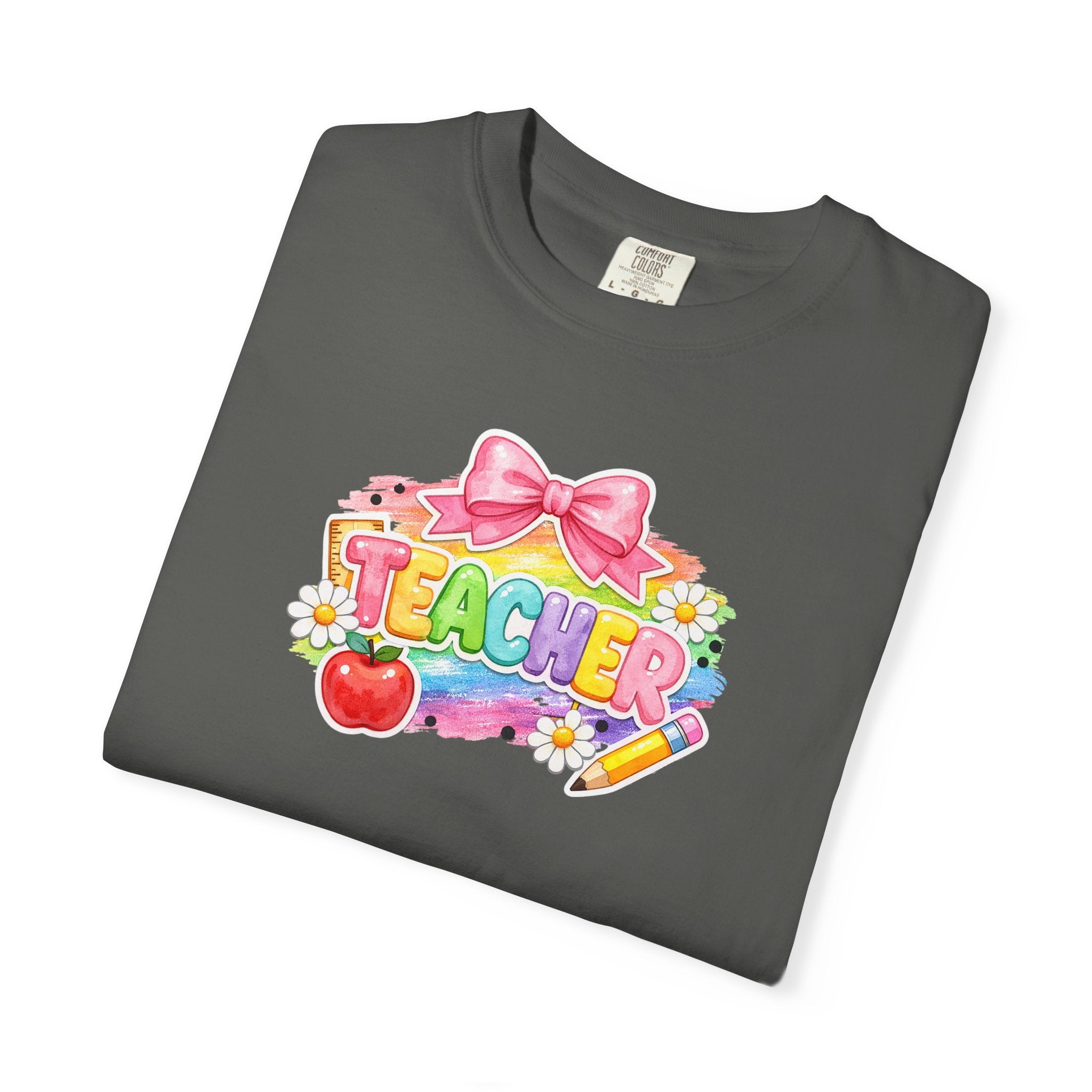 Teacher Rainbow Graphic T-Shirt — Cute School Apple & Pencil Design