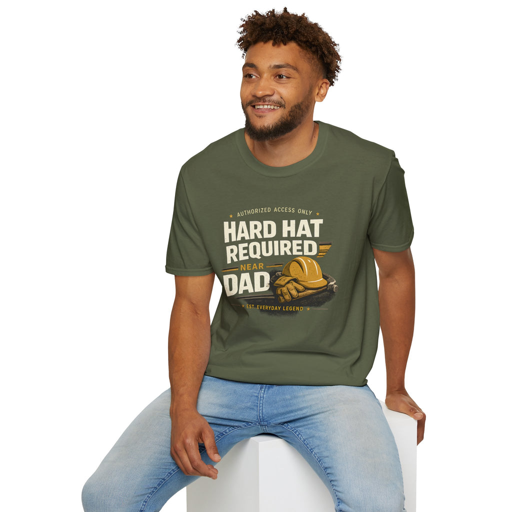 Hard Hat Required Near Dad Shirt – Funny Construction Dad Tee, Blue Collar Workwear Graphic T-Shirt