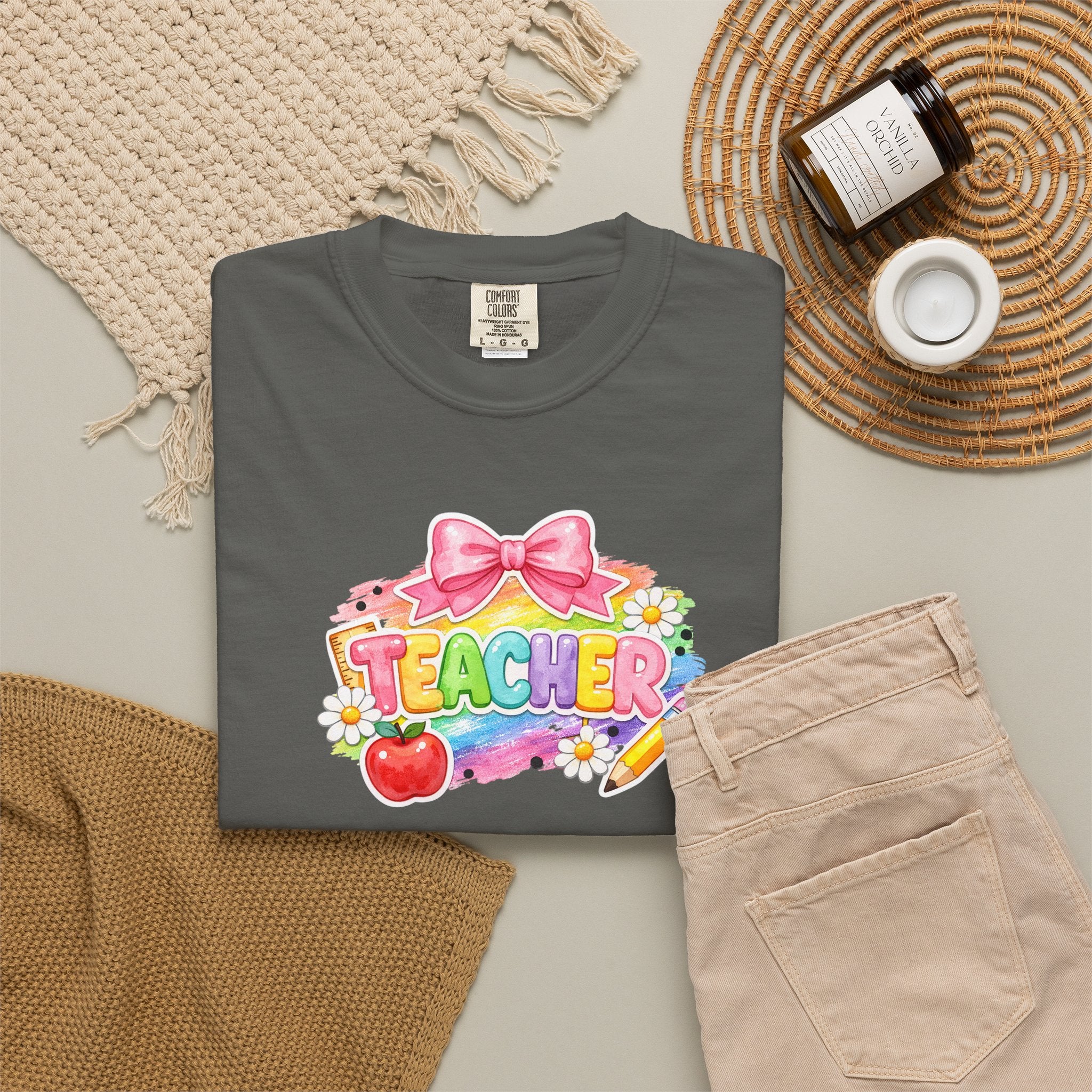 Teacher Rainbow Graphic T-Shirt — Cute School Apple & Pencil Design
