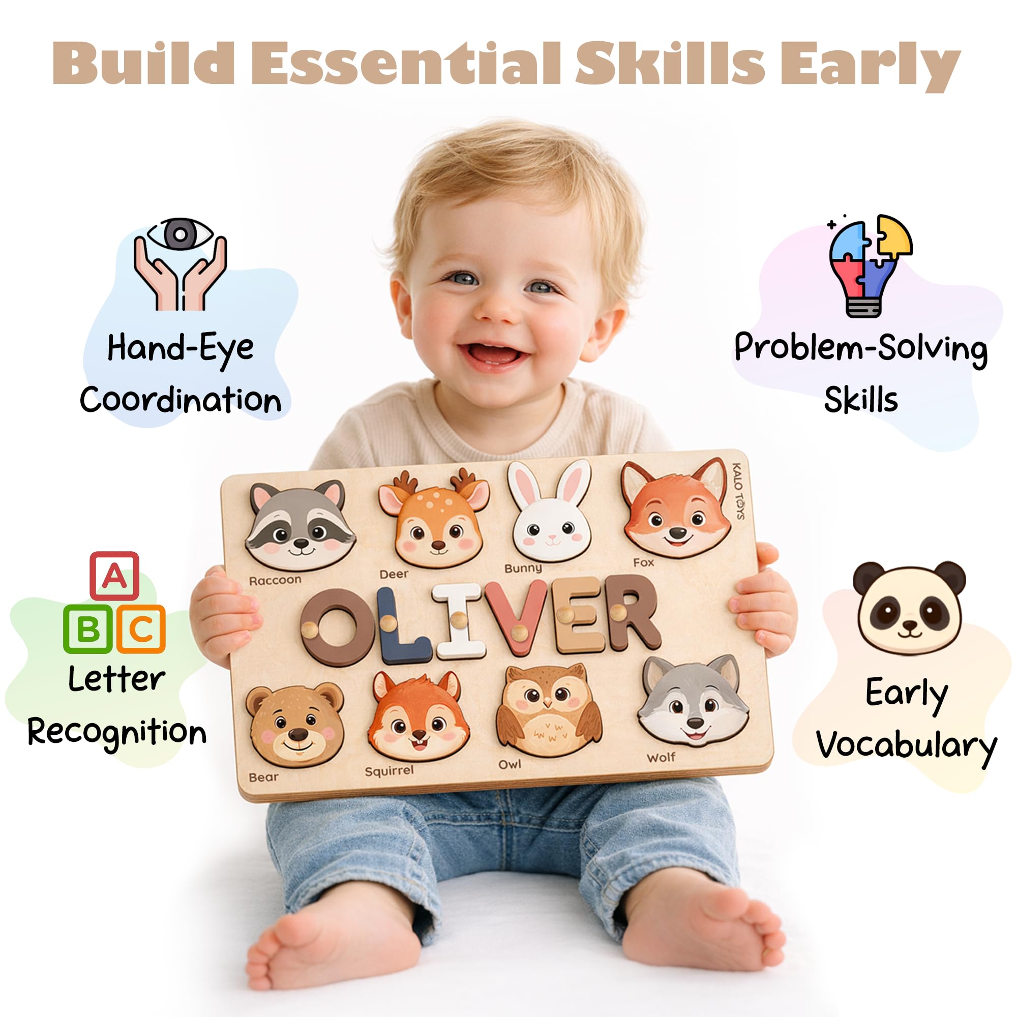 Wooden Name Puzzle for Toddlers 1-3, Personalized Name Puzzle with Animal Story Background, Baby Puzzle, Custom Baby Gift, First Birthday Gift for Boy Girl (Shapes and Numbers)