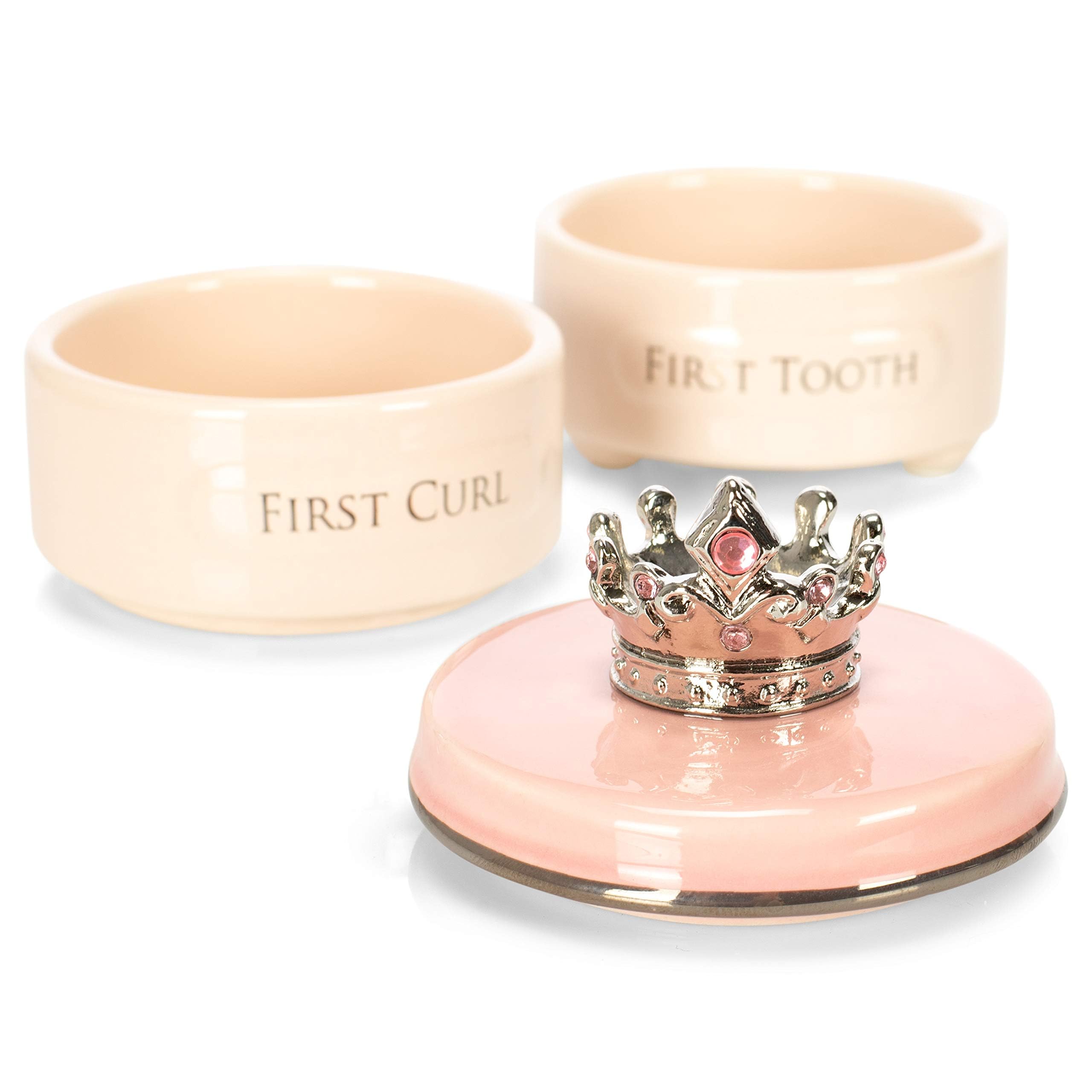 DEMDACO Pink Princess Crown First Tooth & Curl Keepsake Box - Baby Milestone Box for First Tooth & Curl - Ceramic Compartments - Decorative & Elegant - Ceramic - Baby Shower