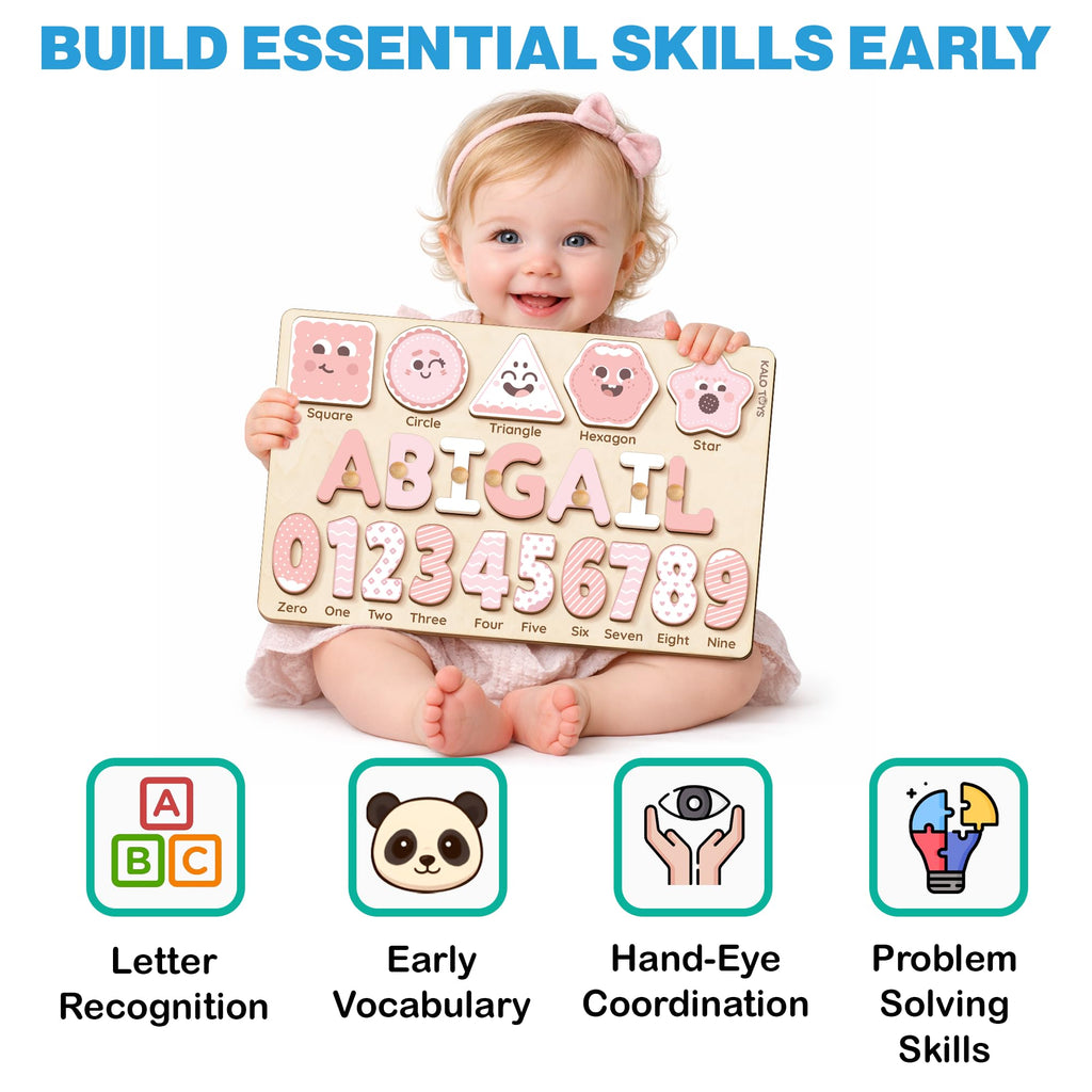 Wooden Name Puzzle for Toddlers 1-3, Personalized Name Puzzle with Animal Story Background, Baby Puzzle, Custom Baby Gift, First Birthday Gift for Boy Girl (Shapes and Numbers)