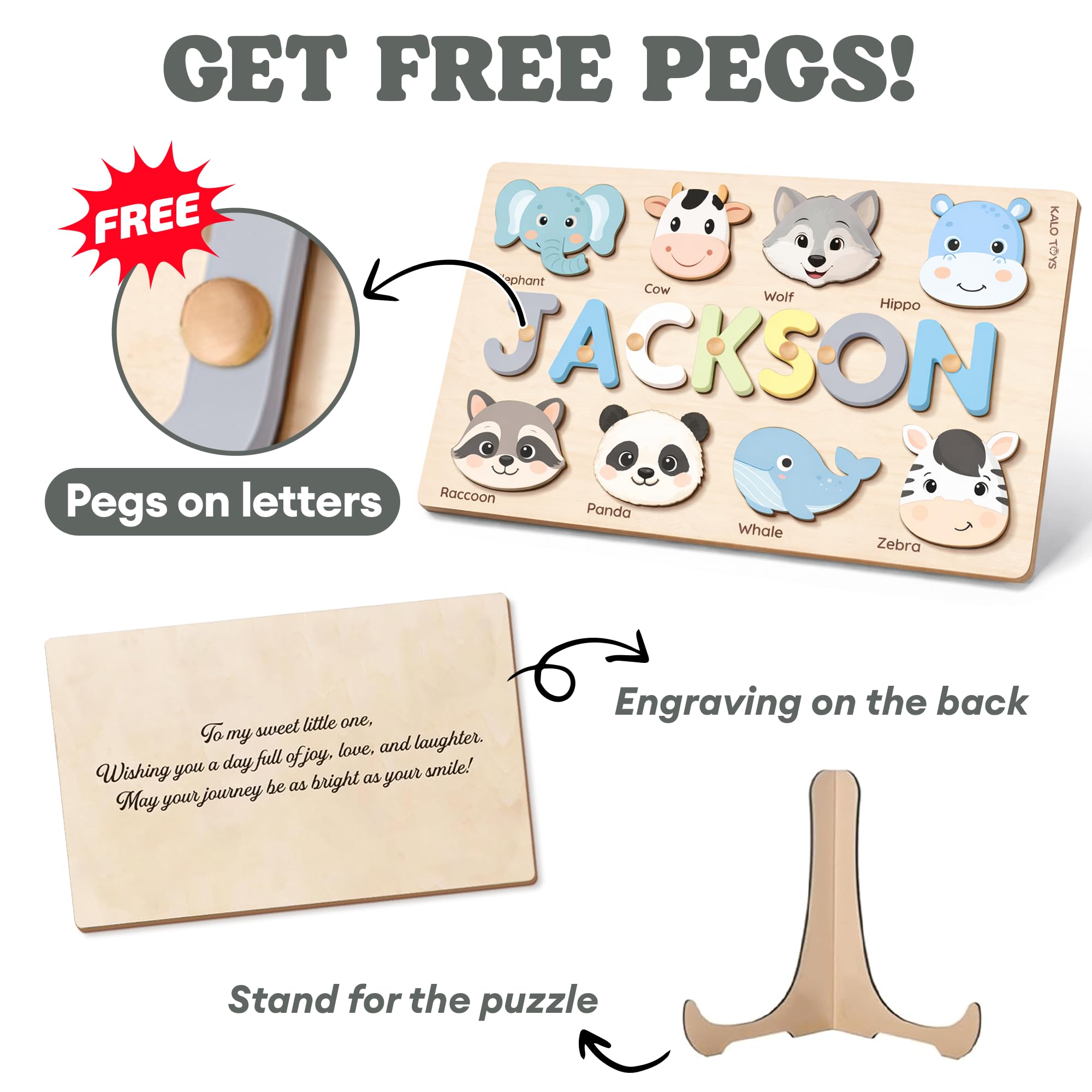 Custom Name Puzzle for Toddlers - Personalized Baby Gift with Animal Art Backdrop | 48 Animal Themes | 1st Birthday Gift for Boy & Girl | Personalized Baby Gifts