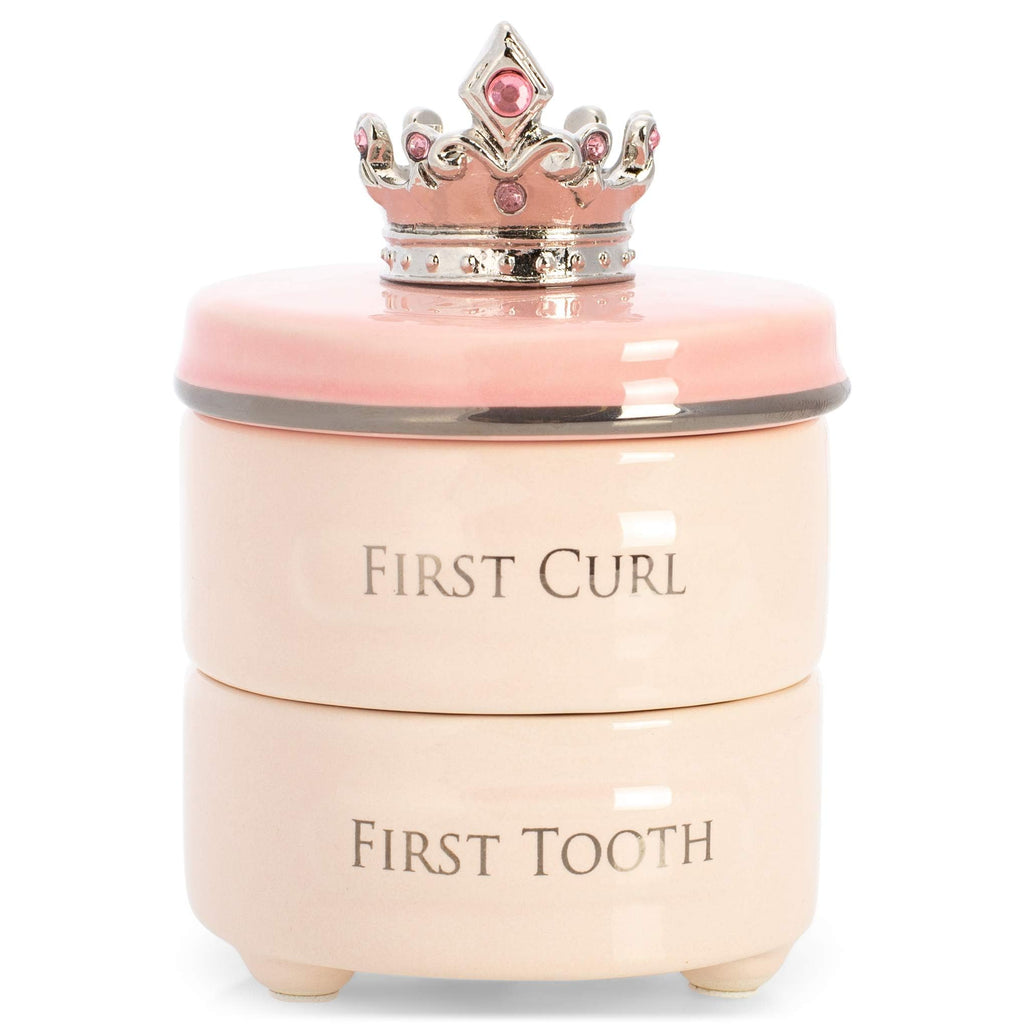 DEMDACO Pink Princess Crown First Tooth & Curl Keepsake Box - Baby Milestone Box for First Tooth & Curl - Ceramic Compartments - Decorative & Elegant - Ceramic - Baby Shower
