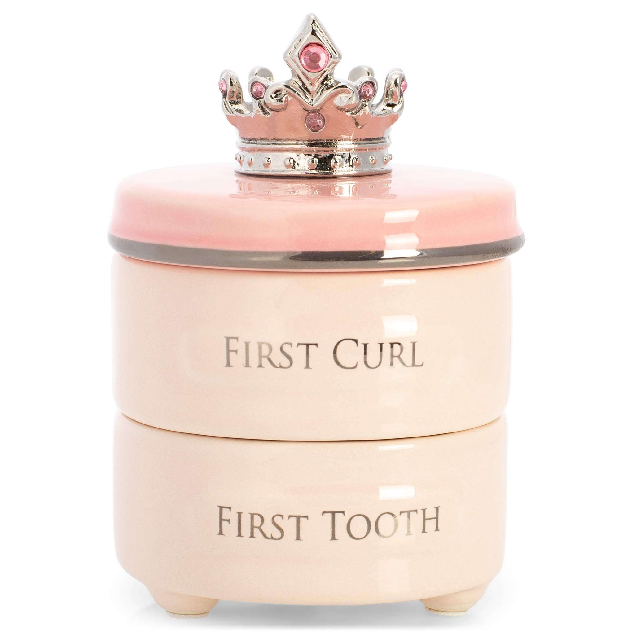 DEMDACO Pink Princess Crown First Tooth & Curl Keepsake Box - Baby Milestone Box for First Tooth & Curl - Ceramic Compartments - Decorative & Elegant - Ceramic - Baby Shower