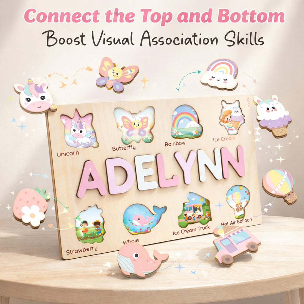 Wooden Name Puzzle for Toddlers 1-3, Personalized Name Puzzle with Animal Story Background, Baby Puzzle, Custom Baby Gift, First Birthday Gift for Boy Girl (Shapes and Numbers)