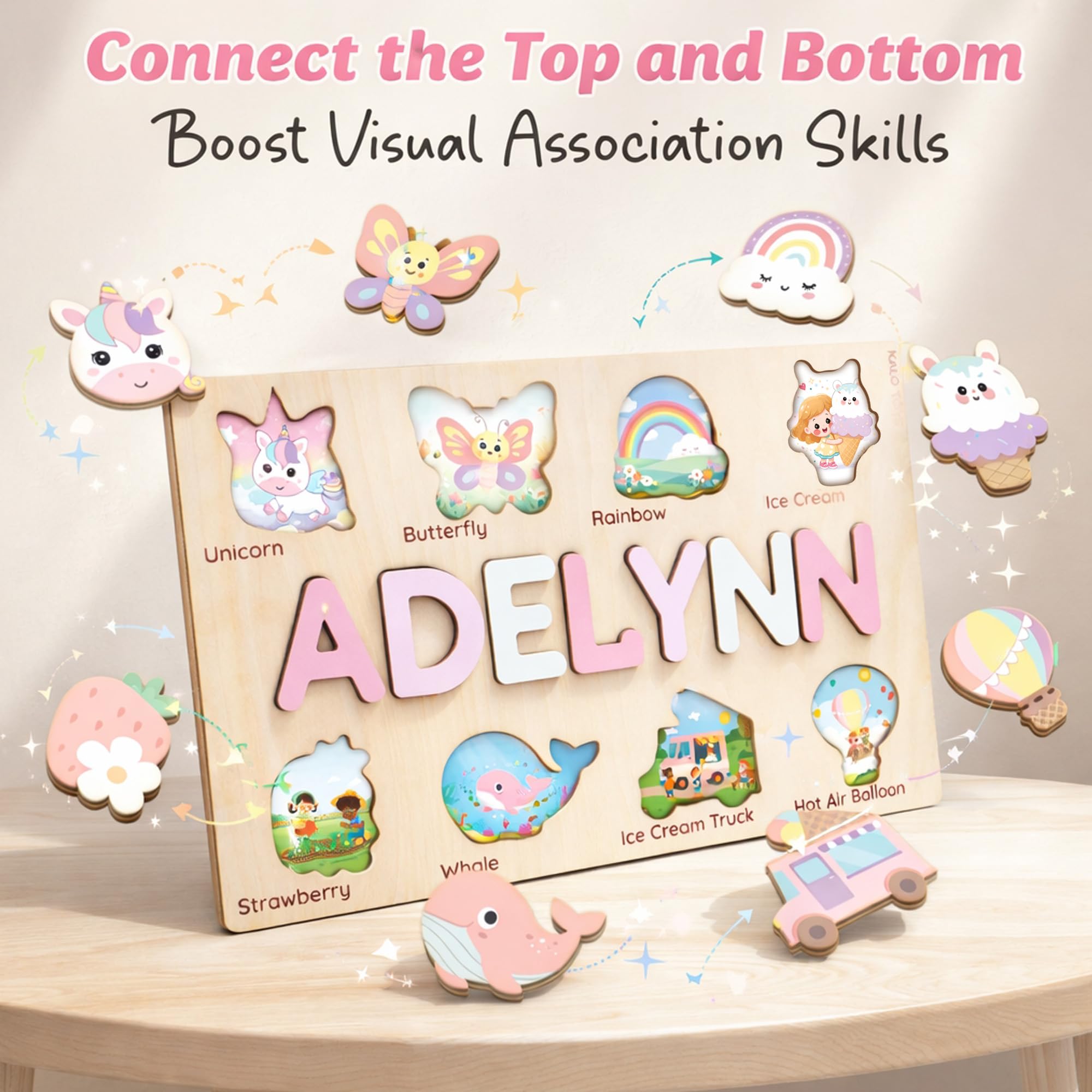 Wooden Name Puzzle for Toddlers 1-3, Personalized Name Puzzle with Animal Story Background, Baby Puzzle, Custom Baby Gift, First Birthday Gift for Boy Girl (Shapes and Numbers)