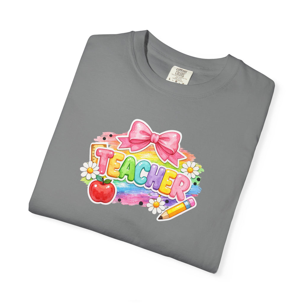 Teacher Rainbow Graphic T-Shirt — Cute School Apple & Pencil Design