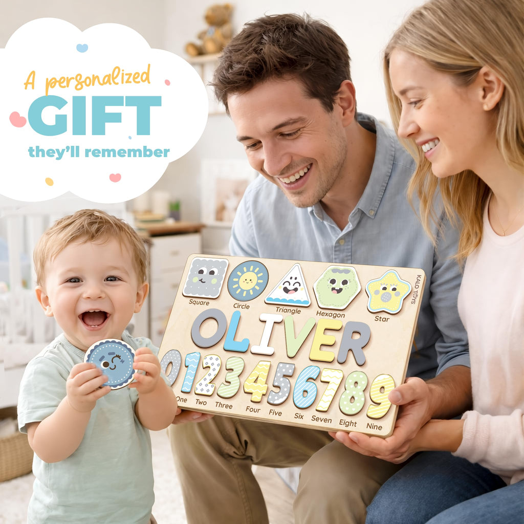Wooden Name Puzzle for Toddlers 1-3, Personalized Name Puzzle with Animal Story Background, Baby Puzzle, Custom Baby Gift, First Birthday Gift for Boy Girl (Shapes and Numbers)