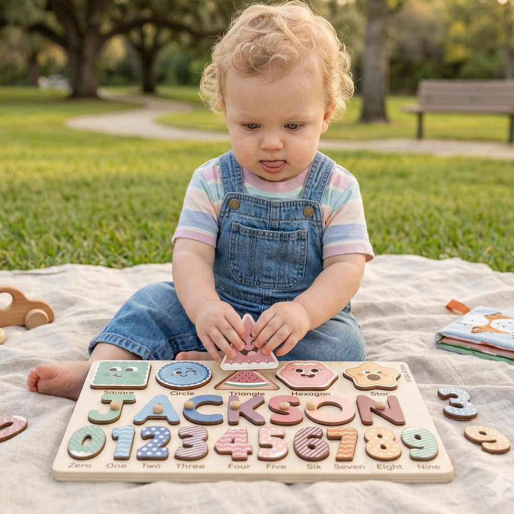 Wooden Name Puzzle for Toddlers 1-3, Personalized Name Puzzle with Animal Story Background, Baby Puzzle, Custom Baby Gift, First Birthday Gift for Boy Girl (Shapes and Numbers)