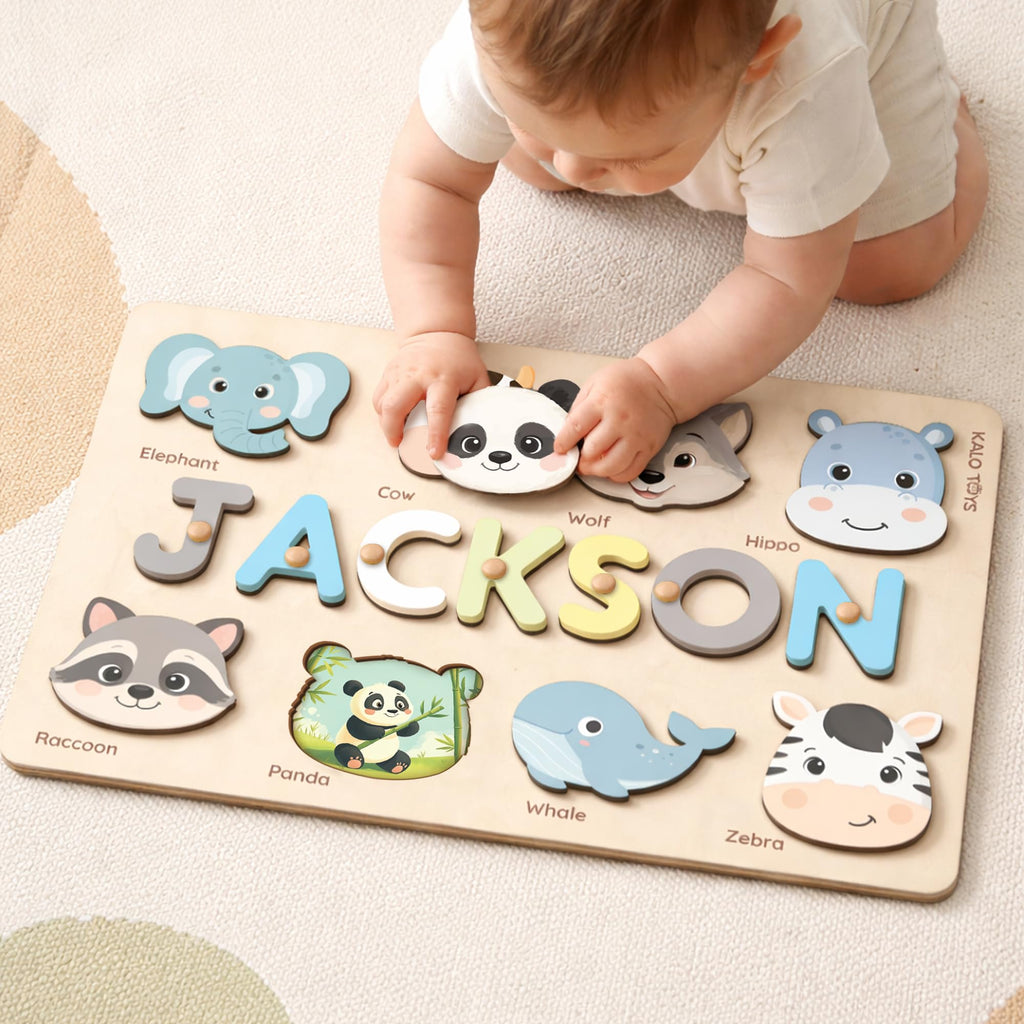 Custom Name Puzzle for Toddlers - Personalized Baby Gift with Animal Art Backdrop | 48 Animal Themes | 1st Birthday Gift for Boy & Girl | Personalized Baby Gifts