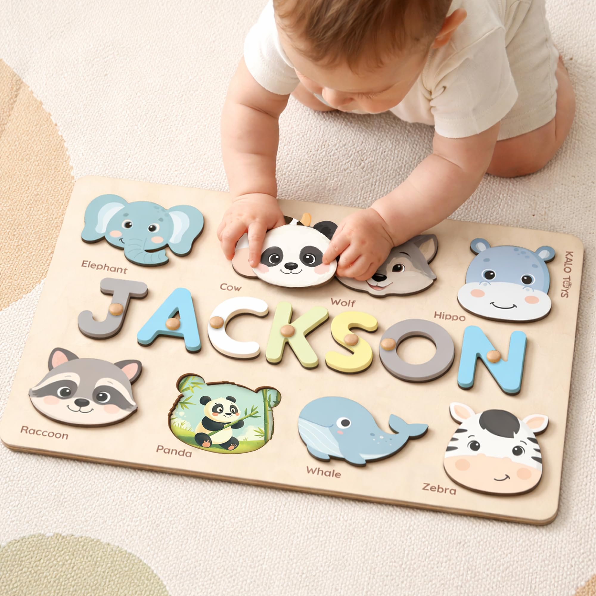 Custom Name Puzzle for Toddlers - Personalized Baby Gift with Animal Art Backdrop | 48 Animal Themes | 1st Birthday Gift for Boy & Girl | Personalized Baby Gifts