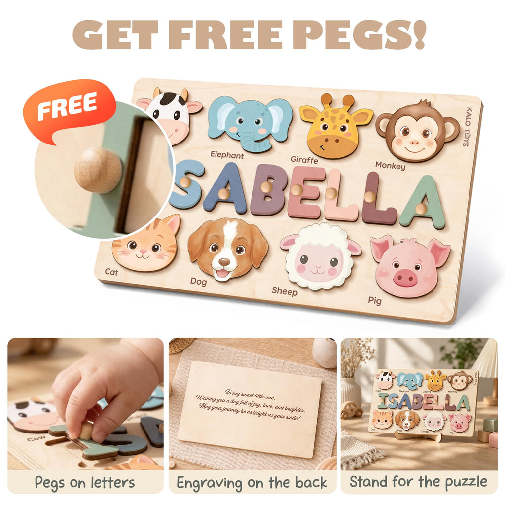 Wooden Name Puzzle for Toddlers 1-3, Personalized Name Puzzle with Animal Story Background, Baby Puzzle, Custom Baby Gift, First Birthday Gift for Boy Girl (Shapes and Numbers)