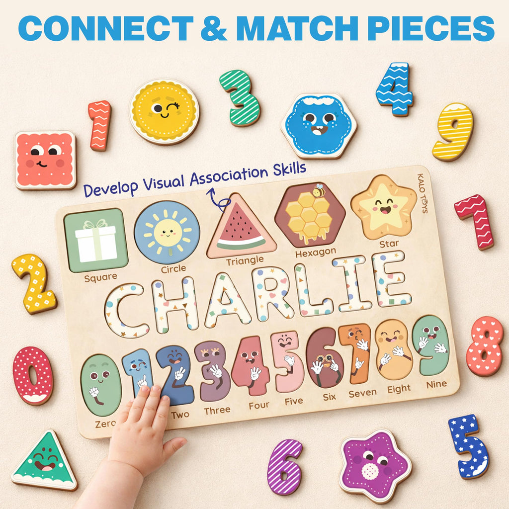 Wooden Name Puzzle for Toddlers 1-3, Personalized Name Puzzle with Animal Story Background, Baby Puzzle, Custom Baby Gift, First Birthday Gift for Boy Girl (Shapes and Numbers)