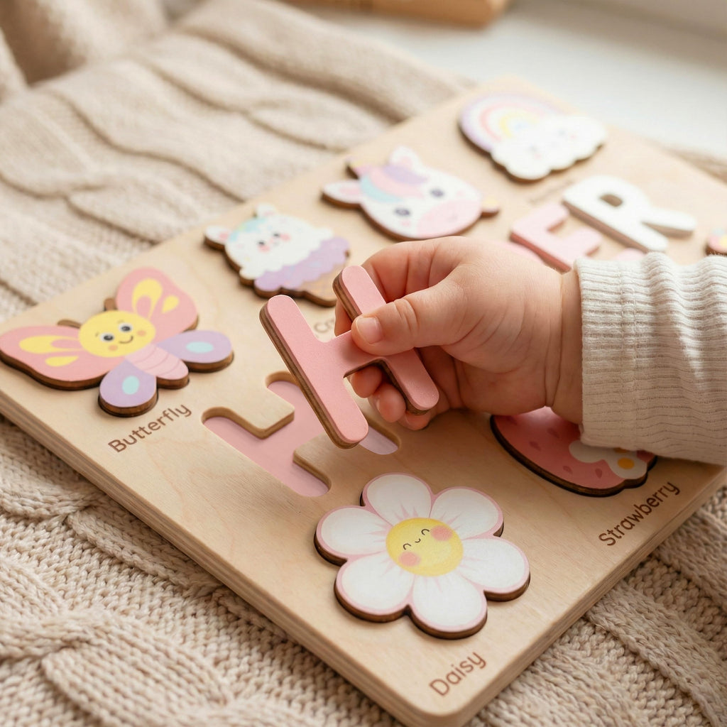 Wooden Name Puzzle for Toddlers 1-3, Personalized Name Puzzle with Animal Story Background, Baby Puzzle, Custom Baby Gift, First Birthday Gift for Boy Girl (Shapes and Numbers)