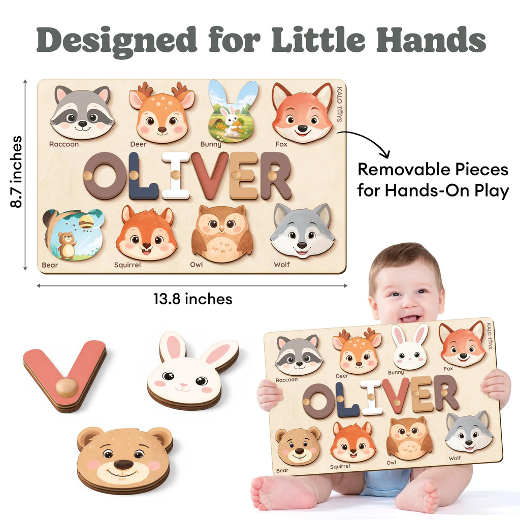 Wooden Name Puzzle for Toddlers 1-3, Personalized Name Puzzle with Animal Story Background, Baby Puzzle, Custom Baby Gift, First Birthday Gift for Boy Girl (Shapes and Numbers)